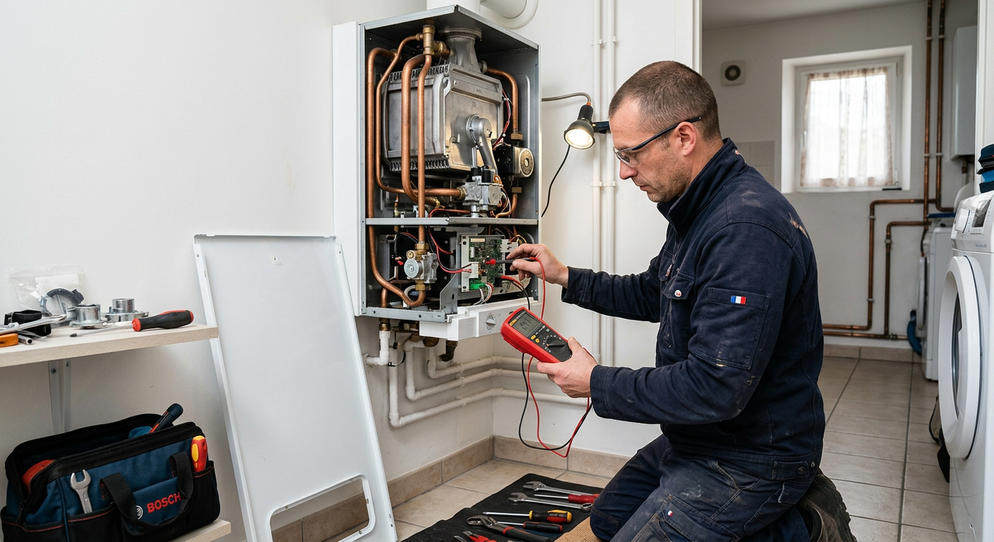 Chauffagiste réparant une chaudière gaz murale à Maisons-Alfort