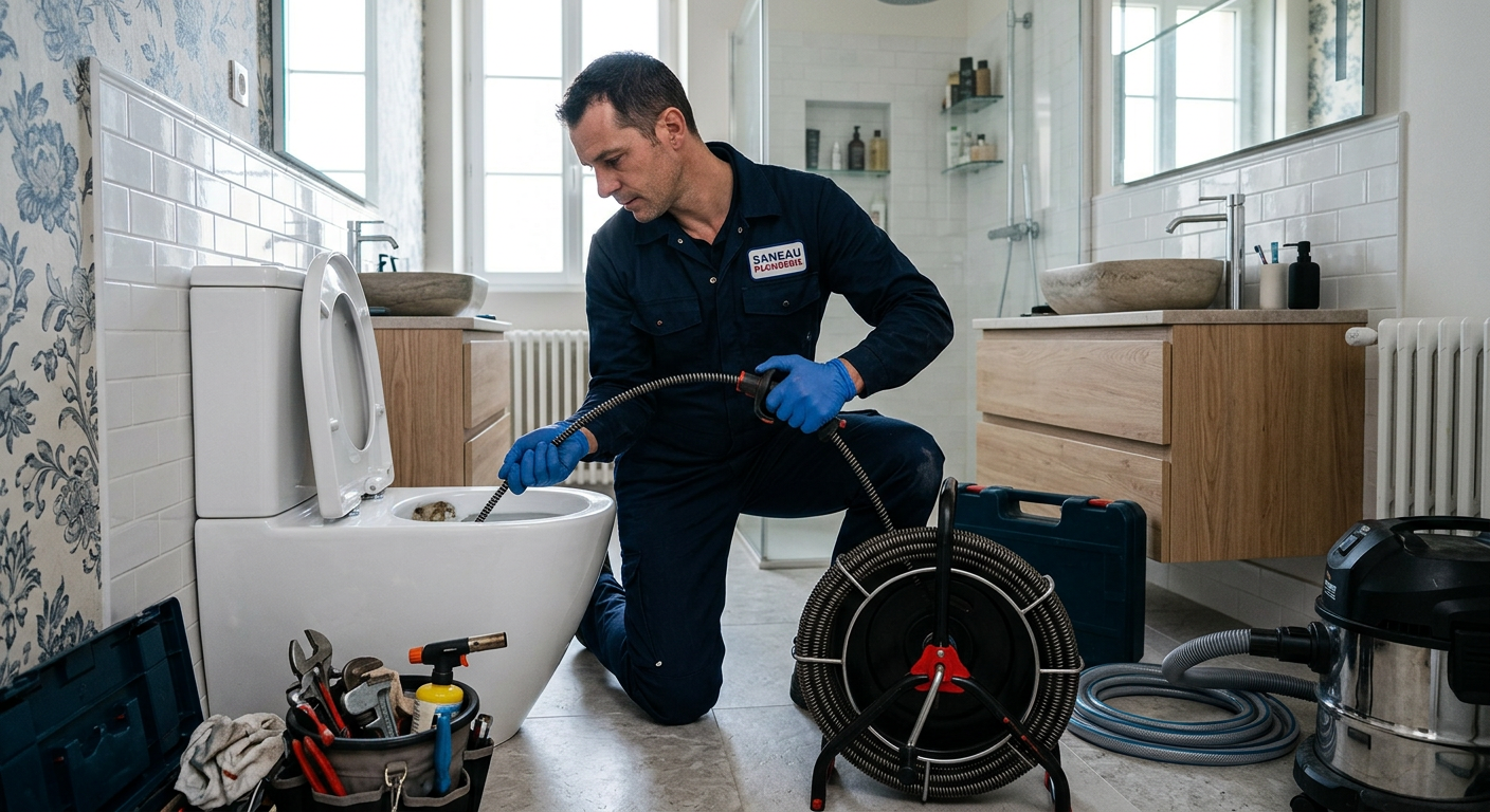 Plombier débouchant des WC avec un furet électrique à Maisons-Alfort